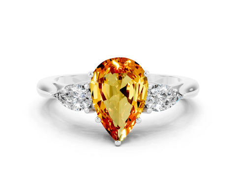 White gold Pear Cut Citrine Three-Stone Ring with Pear Side Stones and Four-Prong Setting_12