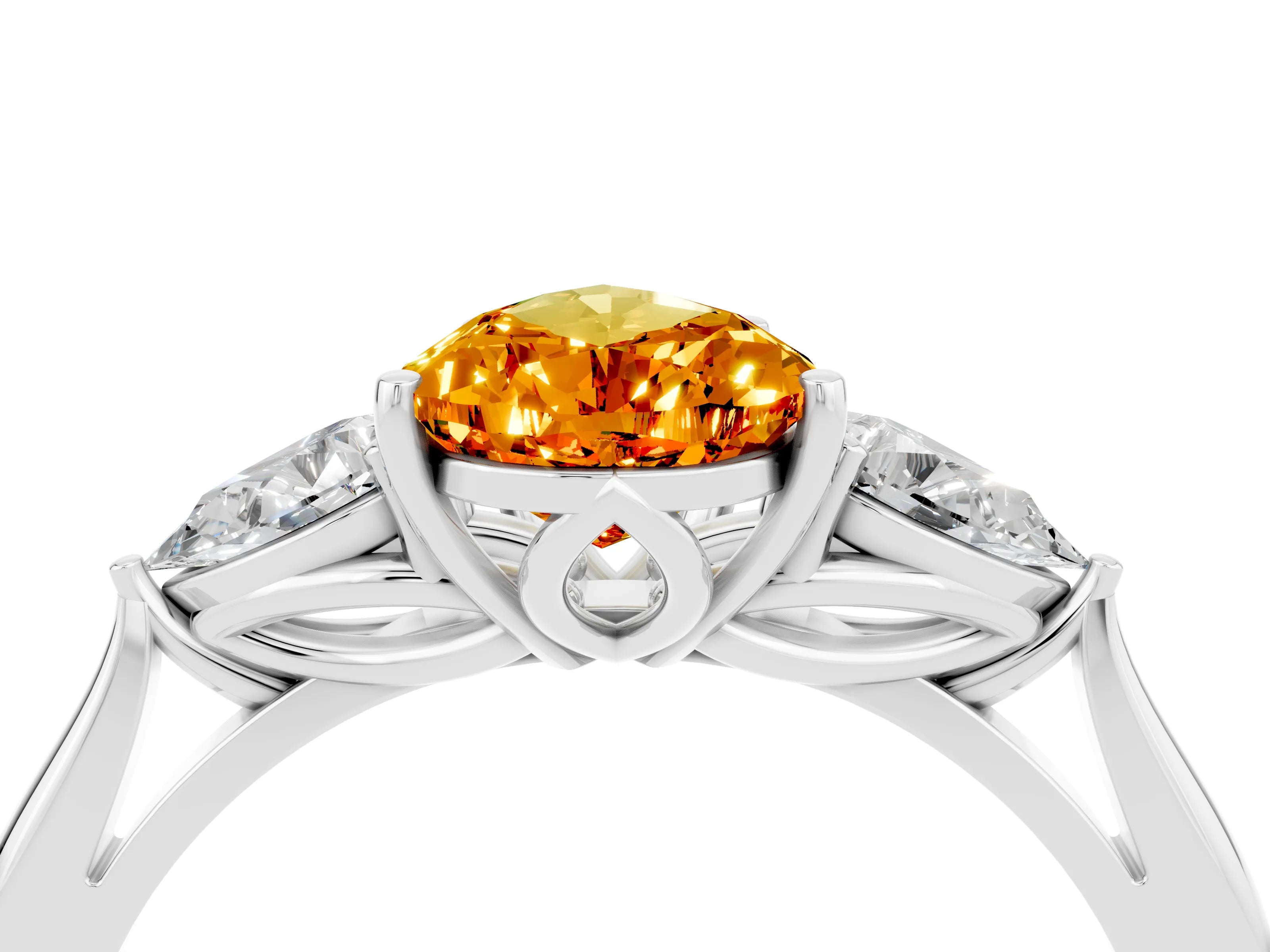 White gold Pear Cut Citrine Three-Stone Ring with Pear Side Stones and Four-Prong Setting_16