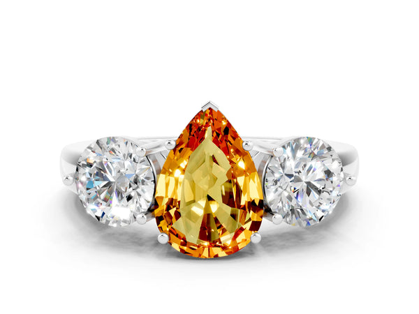 Platinum Pear Cut Citrine Three-Stone Ring with Prong Setting and Classic Band
