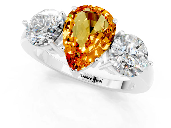 White gold Pear Cut Citrine Three-Stone Ring with Prong Setting and Classic Band