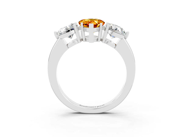 White gold Pear Cut Citrine Three-Stone Ring with Prong Setting and Classic Band