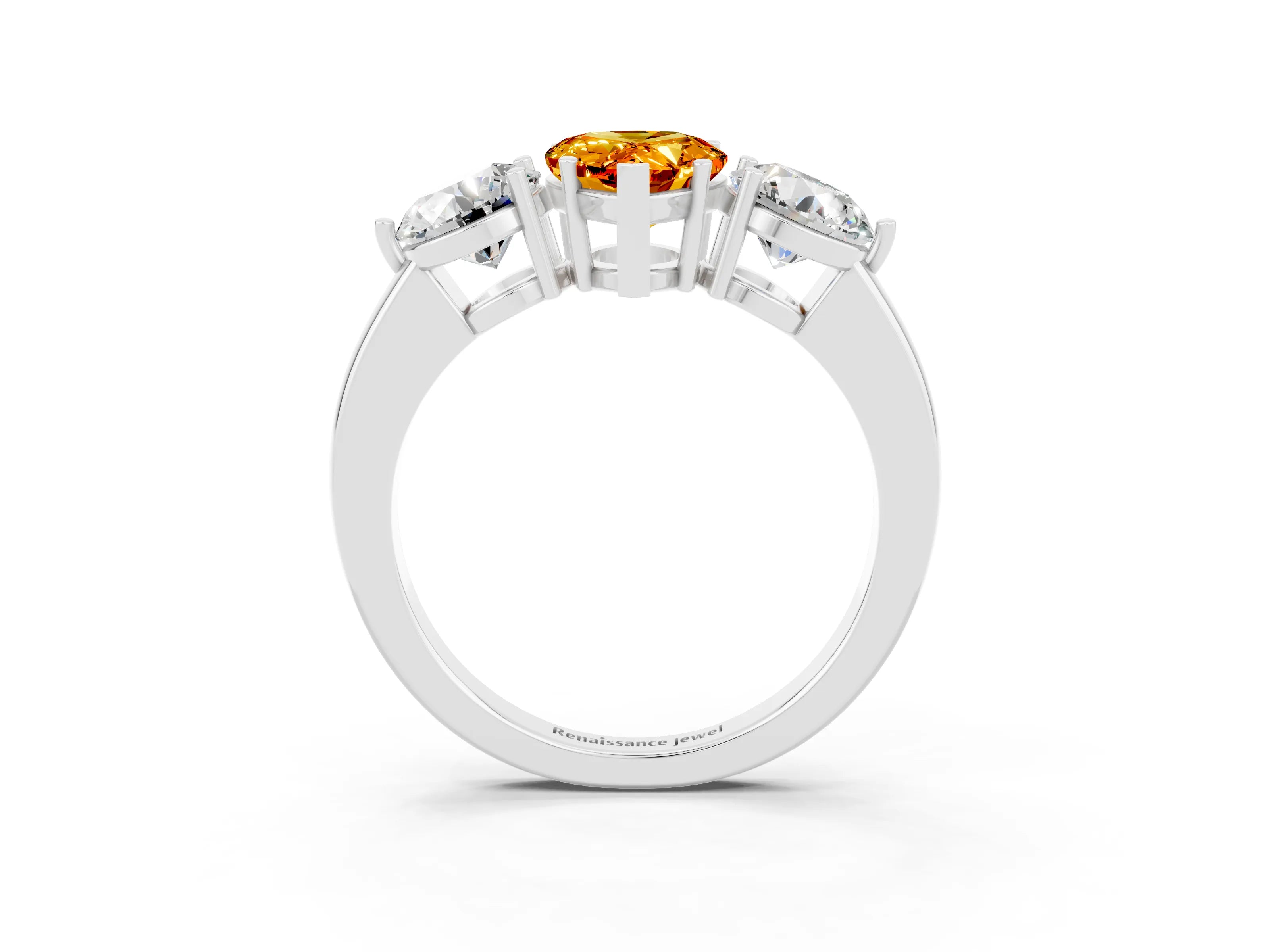 White gold Pear Cut Citrine Three-Stone Ring with Prong Setting and Classic Band_3