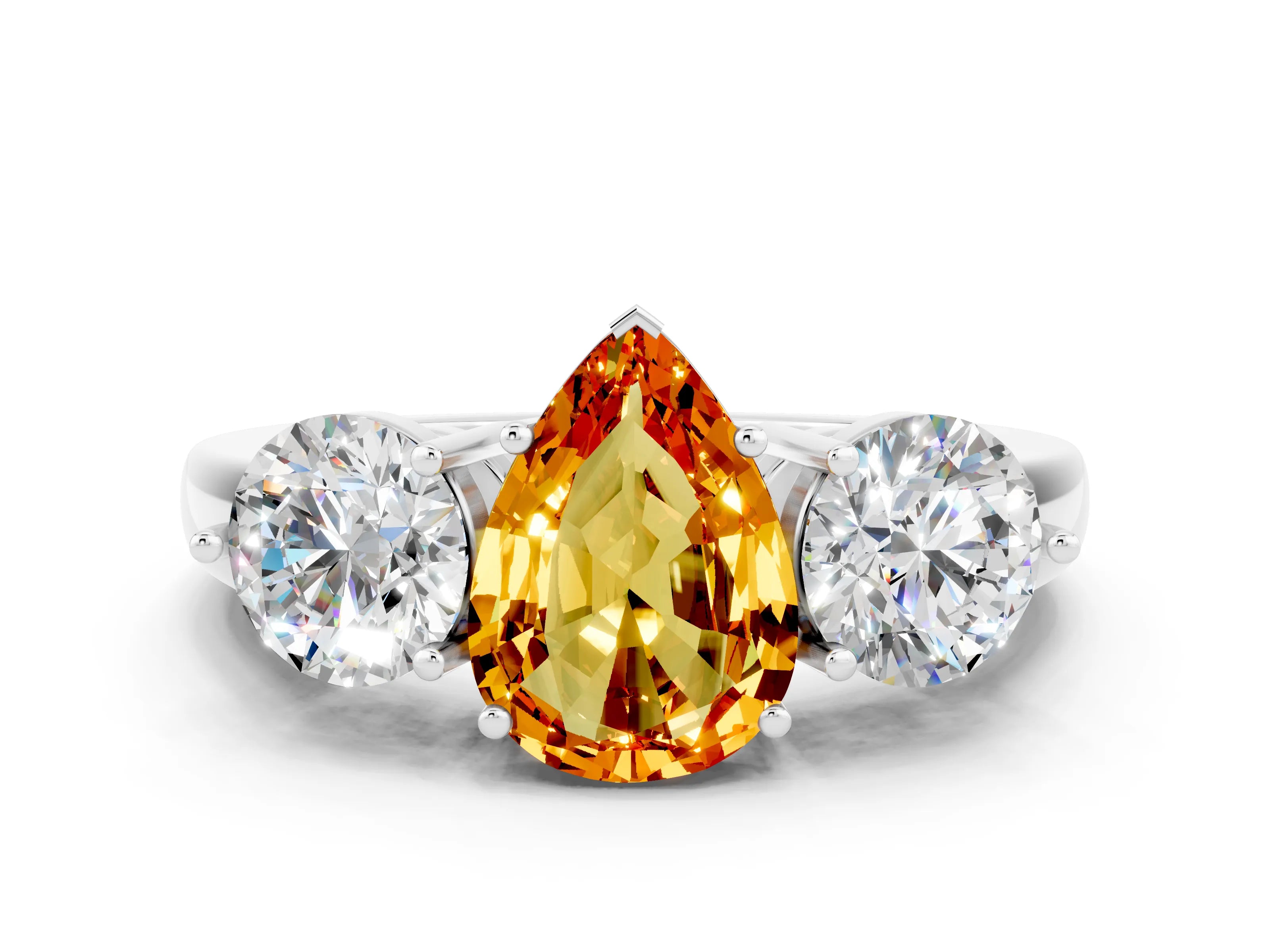 White gold Pear Cut Citrine Three-Stone Ring with Prong Setting and Classic Band