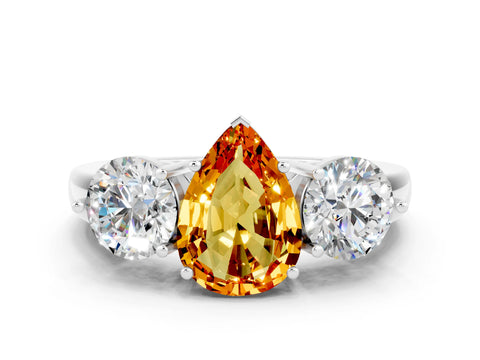 White gold Pear Cut Citrine Three-Stone Ring with Prong Setting and Classic Band