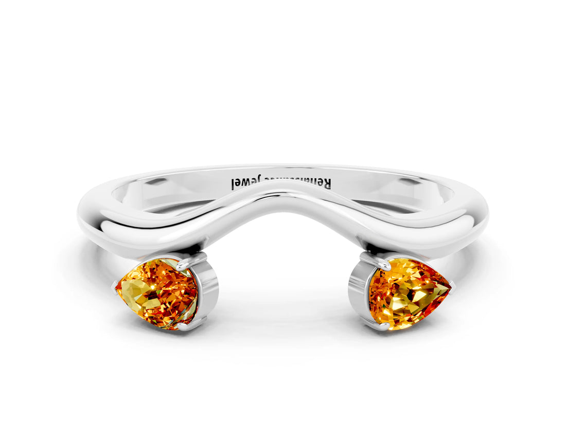 White gold Pear Cut Citrine Two-Stone Open Band Ring with Prong Setting_6