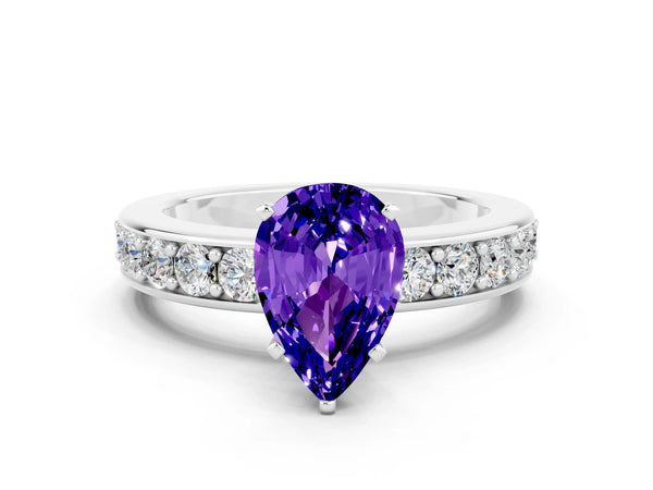 Platinum Pear Cut Tanzanite Engagement Ring with Channel Set Round  Band and Prong Setting