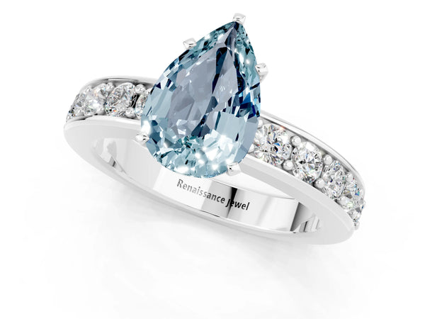 White gold Pear Cut Aquamarine Engagement Ring with Channel Set Round  Band and Prong Setting