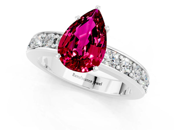 Silver Pear Cut Garnet Engagement Ring with Channel Set Round  Band and Prong Setting