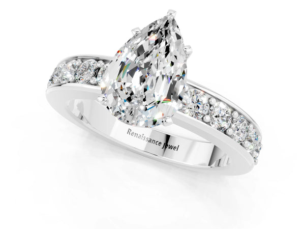 White gold Pear Cut Moissanite Engagement Ring with Channel Set Round  Band and Prong Setting