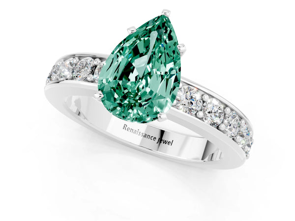 Silver Pear Cut Green Sapphire Engagement Ring with Channel Set Round  Band and Prong Setting