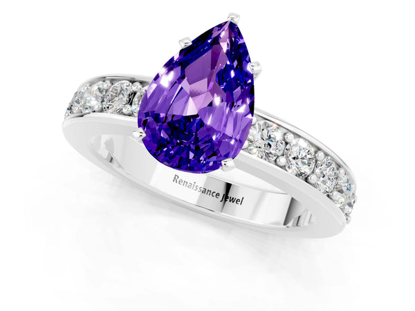 Platinum Pear Cut Tanzanite Engagement Ring with Channel Set Round  Band and Prong Setting