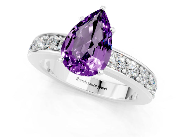 Silver Pear Cut Amethyst Engagement Ring with Channel Set Round  Band and Prong Setting