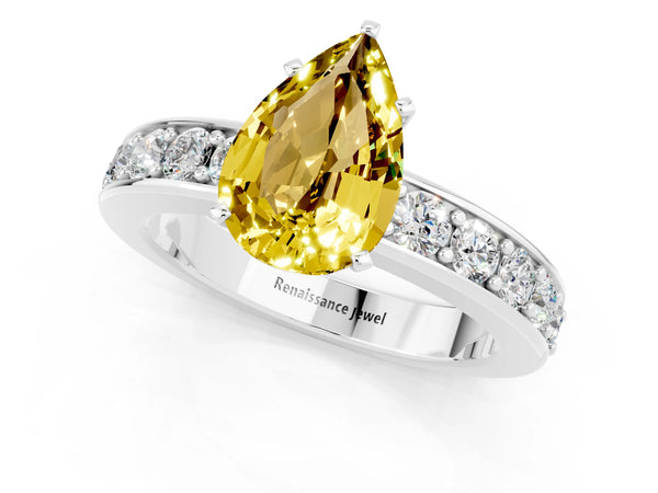 Silver Pear Cut Yellow Sapphire Engagement Ring with Channel Set Round  Band and Prong Setting