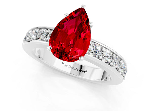Platinum Pear Cut Ruby Engagement Ring with Channel Set Round  Band and Prong Setting