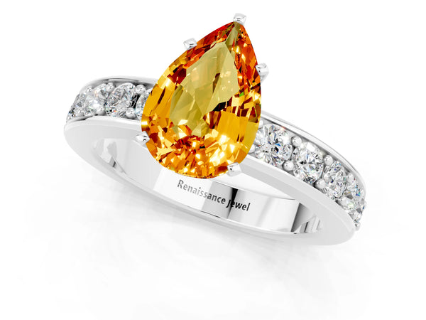 White gold Pear Cut Citrine Engagement Ring with Channel Set Round  Band and Prong Setting