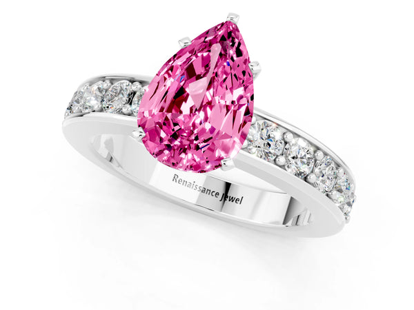 Silver Pear Cut Pink Sapphire Engagement Ring with Channel Set Round  Band and Prong Setting
