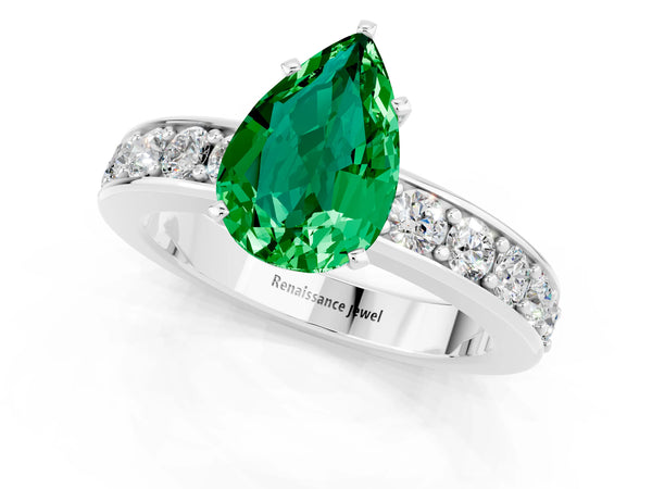 Silver Pear Cut Emerald Engagement Ring with Channel Set Round  Band and Prong Setting