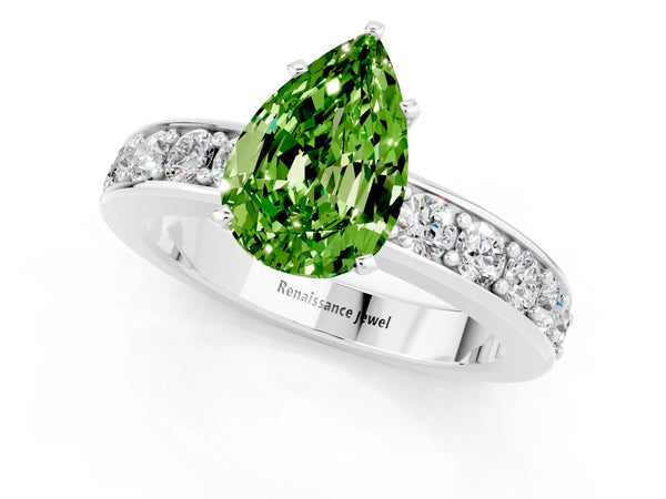 Platinum Pear Cut Peridot Engagement Ring with Channel Set Round  Band and Prong Setting