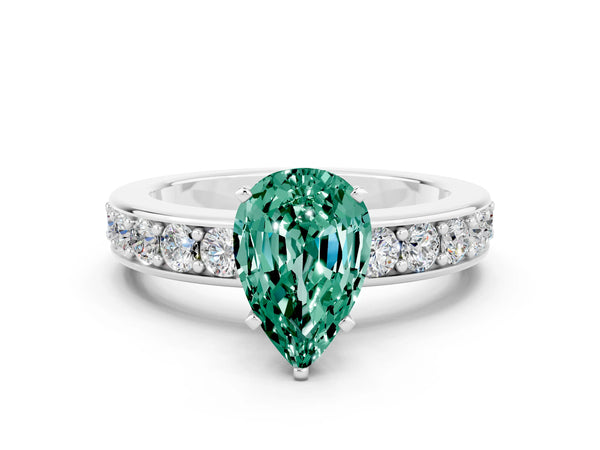 Silver Pear Cut Green Sapphire Engagement Ring with Channel Set Round  Band and Prong Setting