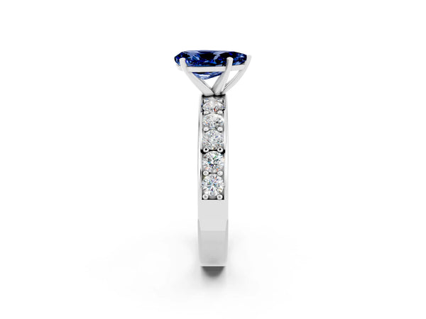 Silver Pear Cut Blue Sapphire Engagement Ring with Channel Set Round  Band and Prong Setting
