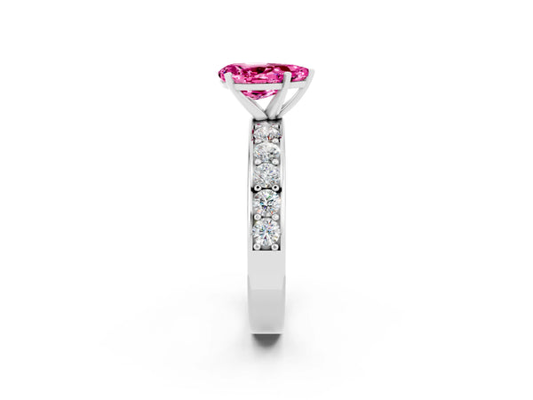 White gold Pear Cut Pink Sapphire Engagement Ring with Channel Set Round  Band and Prong Setting