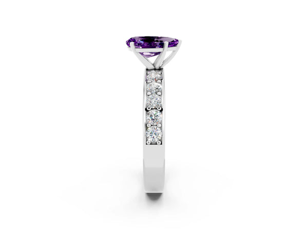 Silver Pear Cut Amethyst Engagement Ring with Channel Set Round  Band and Prong Setting