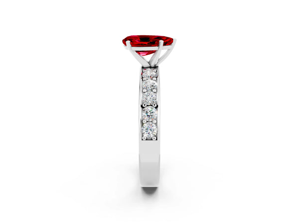 White gold Pear Cut Ruby Engagement Ring with Channel Set Round  Band and Prong Setting