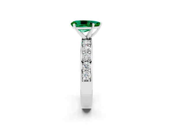 Silver Pear Cut Emerald Engagement Ring with Channel Set Round  Band and Prong Setting