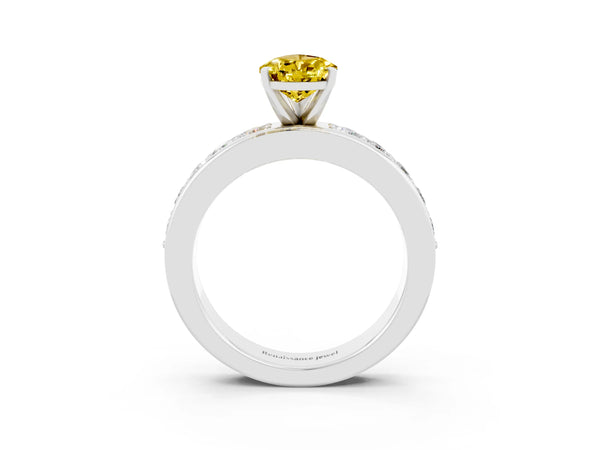 Silver Pear Cut Yellow Sapphire Engagement Ring with Channel Set Round  Band and Prong Setting