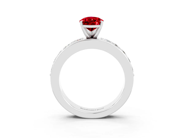 Platinum Pear Cut Ruby Engagement Ring with Channel Set Round  Band and Prong Setting