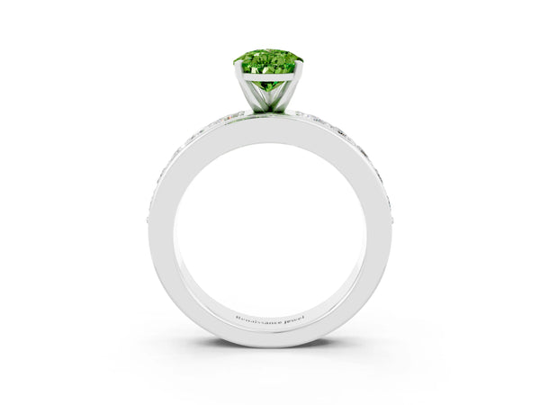 White gold Pear Cut Peridot Engagement Ring with Channel Set Round  Band and Prong Setting