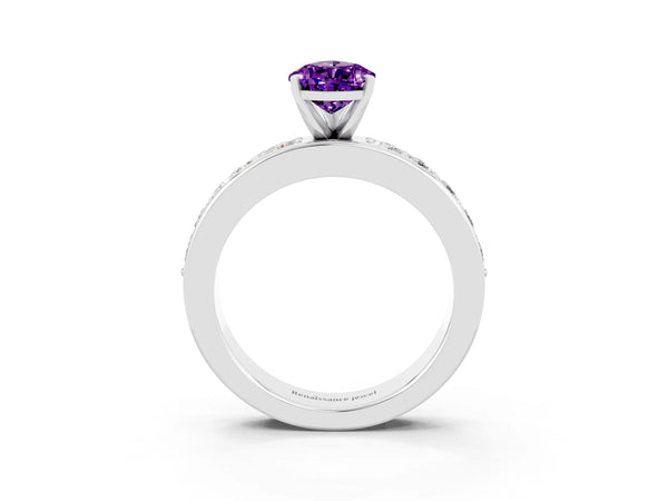 Silver Pear Cut Amethyst Engagement Ring with Channel Set Round  Band and Prong Setting