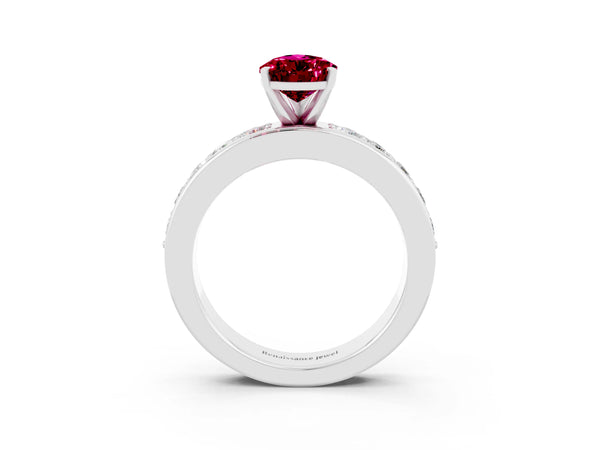 White gold Pear Cut Garnet Engagement Ring with Channel Set Round  Band and Prong Setting