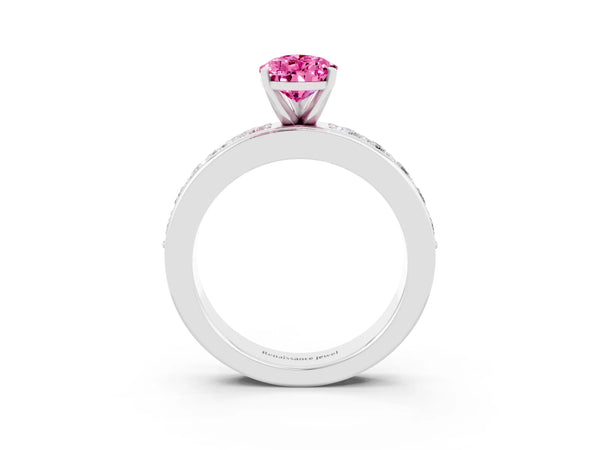 Silver Pear Cut Pink Sapphire Engagement Ring with Channel Set Round  Band and Prong Setting