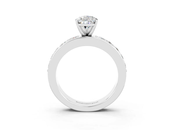 Platinum Pear Cut Moissanite Engagement Ring with Channel Set Round  Band and Prong Setting