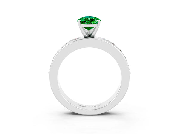 Silver Pear Cut Emerald Engagement Ring with Channel Set Round  Band and Prong Setting