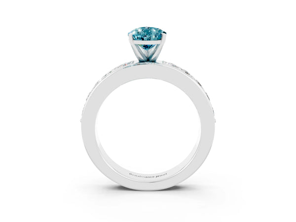 White gold Pear Cut Blue Topaz Engagement Ring with Channel Set Round  Band and Prong Setting