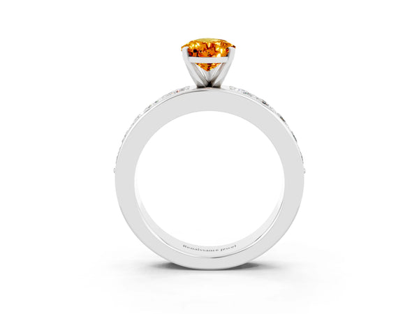 Platinum Pear Cut Citrine Engagement Ring with Channel Set Round  Band and Prong Setting