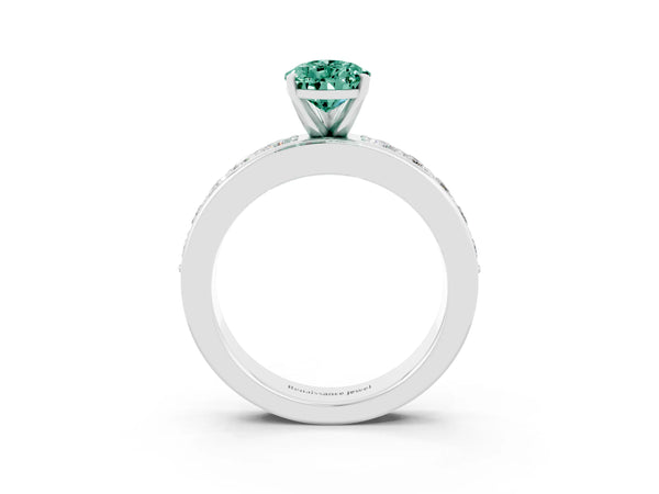 Platinum Pear Cut Green Sapphire Engagement Ring with Channel Set Round  Band and Prong Setting