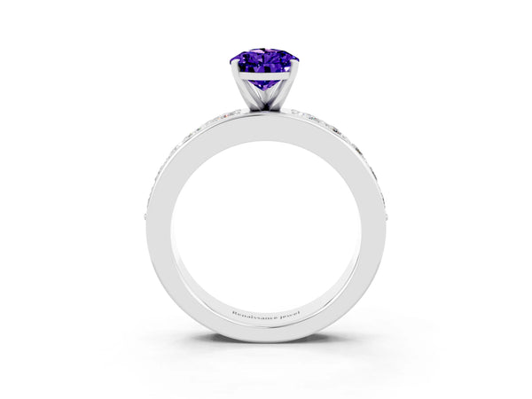 Silver Pear Cut Tanzanite Engagement Ring with Channel Set Round  Band and Prong Setting