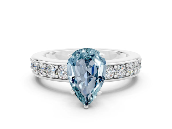 White gold Pear Cut Aquamarine Engagement Ring with Channel Set Round  Band and Prong Setting