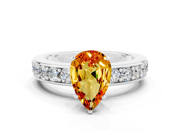 Platinum Pear Cut Citrine Engagement Ring with Channel Set Round  Band and Prong Setting
