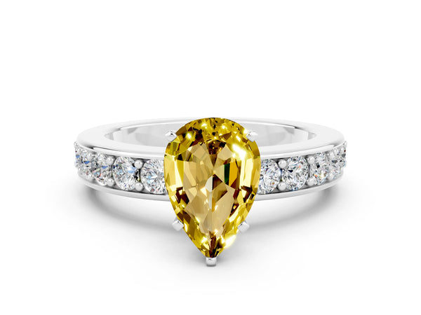 Platinum Pear Cut Yellow Sapphire Engagement Ring with Channel Set Round  Band and Prong Setting