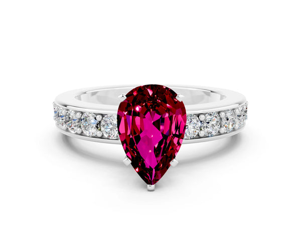 Silver Pear Cut Garnet Engagement Ring with Channel Set Round  Band and Prong Setting