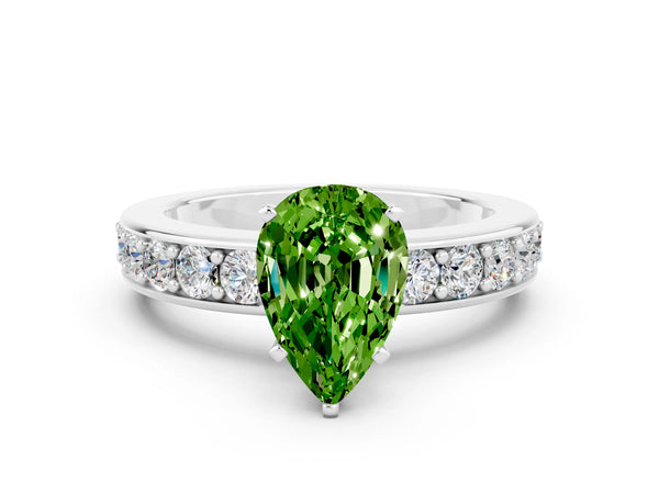 Silver Pear Cut Peridot Engagement Ring with Channel Set Round  Band and Prong Setting