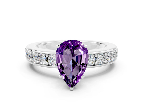 Silver Pear Cut Amethyst Engagement Ring with Channel Set Round  Band and Prong Setting