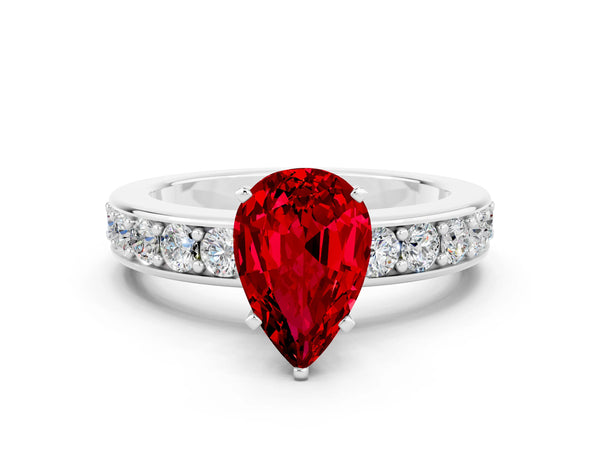 White gold Pear Cut Ruby Engagement Ring with Channel Set Round  Band and Prong Setting