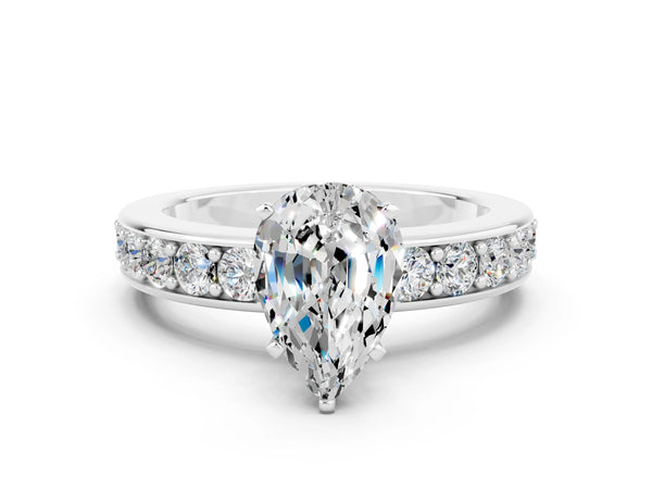 White gold Pear Cut Moissanite Engagement Ring with Channel Set Round  Band and Prong Setting