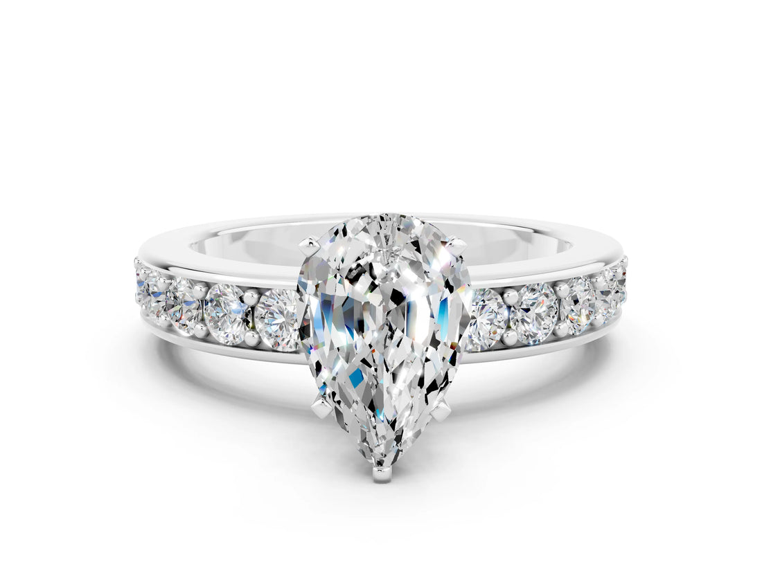 White gold Pear Cut Cut Channel Set Diamond Engagement Ring with Four-Prong Setting