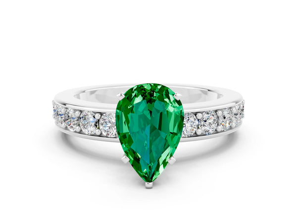 Platinum Pear Cut Emerald Engagement Ring with Channel Set Round  Band and Prong Setting